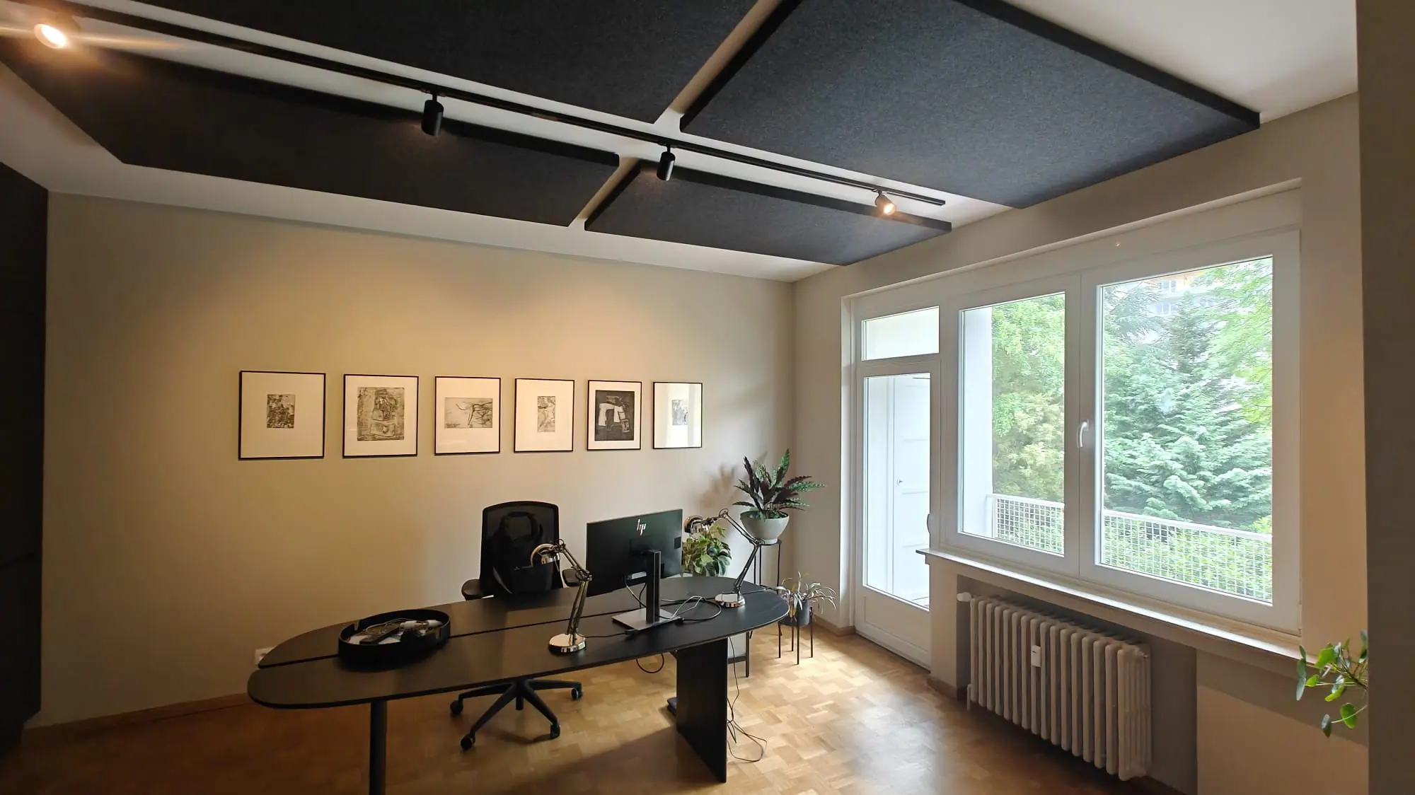 Office with black acoustic ceiling panels