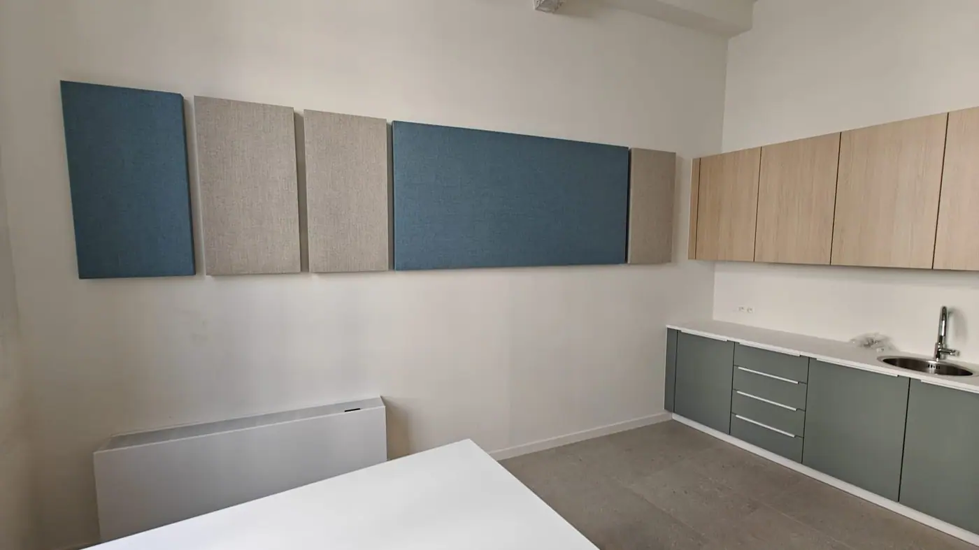 Praktijk met een wandcompositie van akoestische panelen